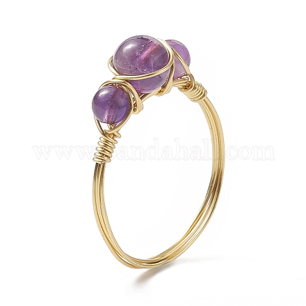 Natural Amethyst Round Braided Beaded Finger Ring RJEW-JR00550-04-1