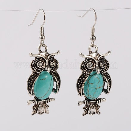 Tibetan Style Alloy Rhinestone Owl Dangle Earrings EJEW-JE01418-01-1