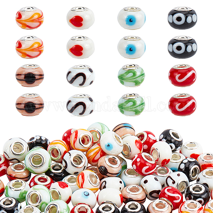 PandaHall 8 Color Glass European Lampwork Beads 14mm Large Holes Spacer Beads Charms with Brass Silver Core for European Bracelets Necklaces Jewelry Making(64pcs LAMP-PH0002-17-1