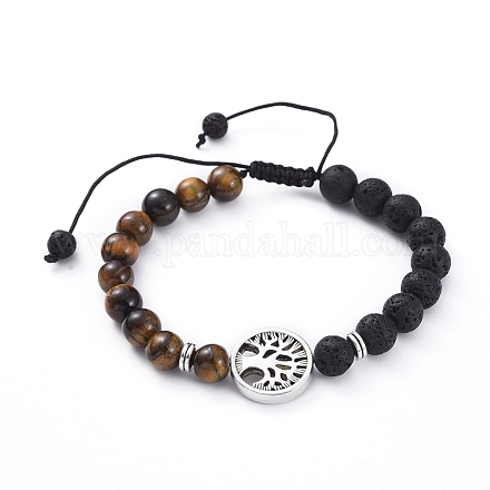 Natural Lava Rock & Tiger Eye Beads Adjustable Braided Bracelets BJEW-JB04987-04-1