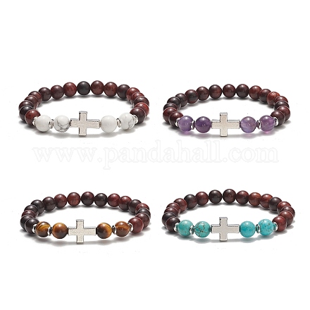 4 pz 4 stile naturale e sintetico misto pietre preziose e braccialetti elasticizzati in legno con croce in lega di perline per le donne BJEW-TA00226-1