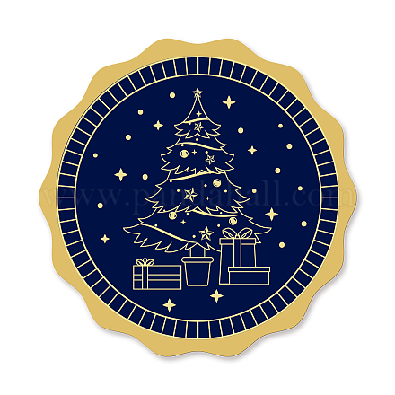 自己接着金箔エンボスステッカー  メダル装飾ステッカー  フラットラウンド  クリスマスツリー模様  5x5cm DIY-WH0219-013-1