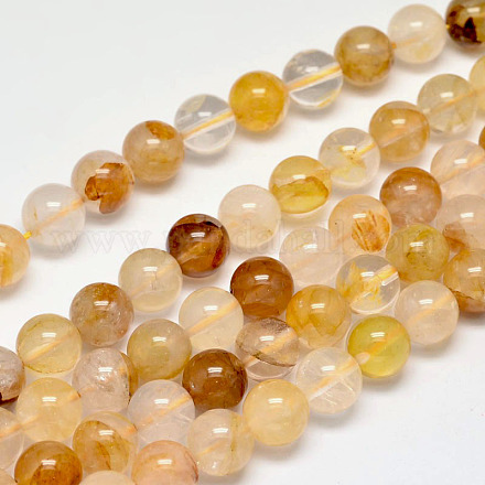 Brins de perles rondes de quartz hématoïde jaune naturel X-G-F266-09-8mm-1