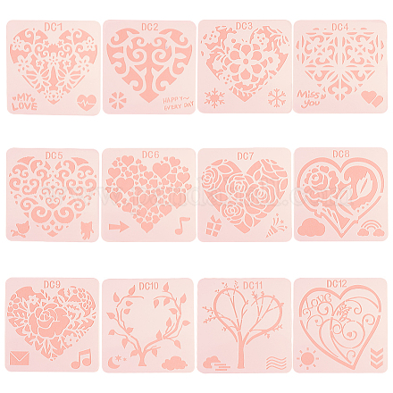 GORGECRAFT 12pcs Heart Painting Stencils Plastic Reusable Drawing Rectangle Stencil Laser Cut Painting Template Leaves Flowers Love Words for Crafting Wedding Valentine's Day DIY Art Project Wedding DIY-GF0001-07-1