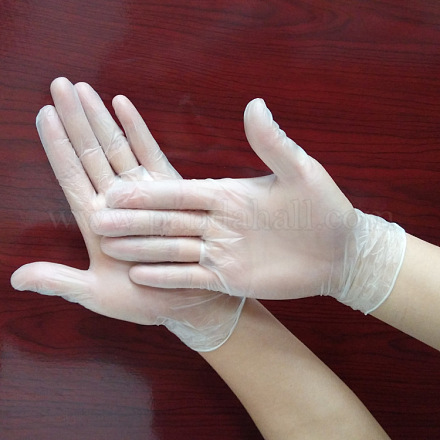 使い捨てポリ塩化ビニール安全手袋  ラテックスフリー  パウダーフリー  普遍的なクリーニング作業指手袋  透明  大きいサイズ  250x105mm  100個/箱 AJEW-E034-64L-1