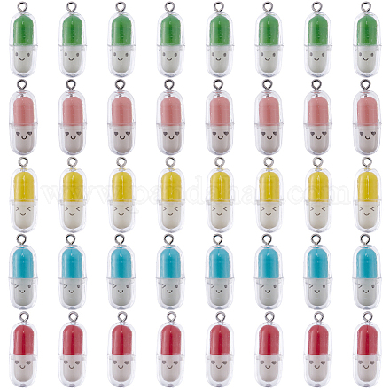 Sunnyclue 40 個 5 色半透明プラスチックペンダント  錠剤カプセルチャーム  プラチナトーンの鉄ループ付き  ミックスカラー  29x10.5mm  穴：2mm  8個/カラー KY-SC0001-75-1
