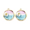 304 Stainless Steel Enamel  Pendants, with Glitter Powder and ABS Imitation Pearl, Flat Round Charm, Ion Plating(IP), Real 18K Gold Plated, Violet, 21x19x7mm, Hole: 1.8mm