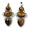 Natural Tiger Eye Pendants, Rack Plating Brass Flower Charms, Cadmium Free & Lead Free, Platinum, 47x24x6.5mm, Hole: 7.5x5mm