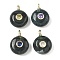 Natural Moss Agate Flat Round Pendants, with Brass Micro Pave Cubic Zirconia Findings, Golden, The Color Of Zircon Is Random, 18.5x14x8mm, Hole: 2x1mm