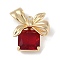 Christmas Theme Brass Rhinestone Pendants, Box with Bowknot, Golden, Light Siam, 20.5x17.5x7mm, Hole: 1.5mm