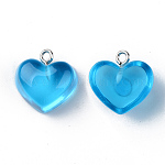 Pendentifs en résine transparente, avec boucle en fer couleur platine, cœur, Dodger bleu, 16.5x17x9.5mm, Trou: 1.8mm