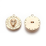 Flat Round with Skull Pattern Brass Micro Pave Clear Cubic Zirconia Pendants KK-G436-21G