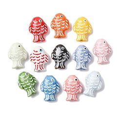 Perline porcellana fatto a mano, perline di ceramica dipinte a mano, pesce, porcellana famille rose, colore misto, 27~28x20~21x10.5~11.5mm, Foro: 1.8~2.2 mm