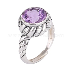 Verstellbarer natürlicher Amethyst mit 925 offenen Manschettenring aus Sterlingsilber&nbsp;RJEW-C155-05B