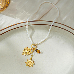 Colliers pour femmes avec pendentif cœur sacré et soleil en acier inoxydable 304 et perles de verre blanc&nbsp;WG88FB4-01