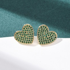 Micro latón corazón allanan aretes de óxido de circonio cúbico&nbsp;EJEW-H178-01G-03