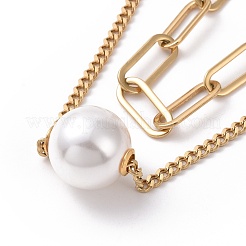 Placcatura sotto vuoto pvd acciaio inossidabile 304 doppie catene collane multistrato collana con perle di plastica perline per le donne&nbsp;STAS-E155-01G