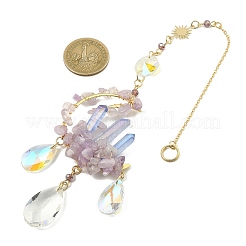 Mit Draht umwickelter natürlicher Amethystsplitter und Mondanhänger aus Messing&nbsp;HJEW-TA00082