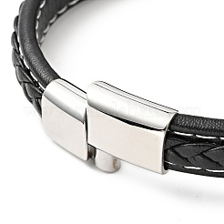 Bracciale in cordino piatto intrecciato in pelle di mucca con fermagli magnetici in acciaio inossidabile 304&nbsp;BJEW-H552-01P-01