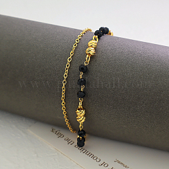 Vintage Strand Messing rund & schwarze Glas Rondell Gliederkette doppellagige Fußkettchen für Frauen&nbsp;TO0841