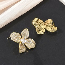 Boucles d'oreilles puces en laiton et zircon cubique transparent en forme de fleur à quatre feuilles&nbsp;KK-CBA36A2-08G