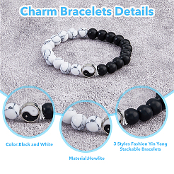 3 Stück 3 Stile natürliches Howlith & mattiertes schwarzes Steinperlen-Stretch-Armband-Set&nbsp;BJEW-FI0001-21