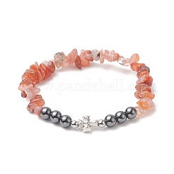 Chip di pietre preziose miste naturali e ematite sintetica e braccialetto elasticizzato con perline incrociate in lega per le donne&nbsp;BJEW-JB09234