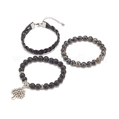 Braccialetti elasticizzati con perline di roccia lavica e larvikite naturale in stile 3 pezzi con albero della vita in lega&nbsp;BJEW-JB07887