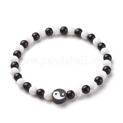 Collier de perles rondes en argile polymère yin yang et acrylique et bracelet extensible&nbsp;SJEW-JS01243