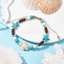 Bracelet en perles tressées turquoise synthétique étoile de mer et tortue&nbsp;BJEW-JB09967-01
