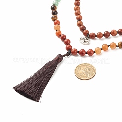 Collier double couche de perles de bois rond et de pierres précieuses mélangées avec fermoir magnétique en laiton&nbsp;NJEW-JN03857