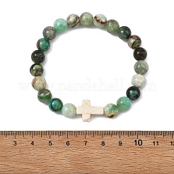 Pulseras elásticas de cuentas redondas y en cruz de jaspe verde natural y turquesa sintética para mujer y hombre&nbsp;BJEW-JB13926-02
