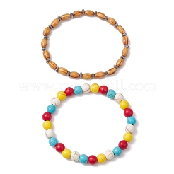 Ensemble de 2 bracelet extensible composé de perles rondes en turquoise synthétique teintée et de perles ovales en bois (2 styles différents).&nbsp;BJEW-JB11539