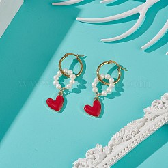 Anello con perline di conchiglia e orecchini a cerchio pendenti con cuore in lega&nbsp;EJEW-TA00172