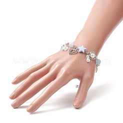 Braccialetto in lega con ciondolo a forma di cuore e stella con perline finte in plastica abs per le donne&nbsp;BJEW-JB09309
