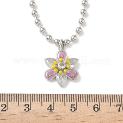 Collane con catena a sfere con pendente a forma di fiore in smalto e zirconi cubici rosa e trasparenti in ottone&nbsp;NJEW-G183-04P