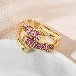 Bagues ouvertes en laiton avec micro pavé de zircones cubiques pour femmes&nbsp;RJEW-L343-12G-02