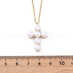Collane con ciondolo a croce in acciaio inossidabile 304 e plastica con perle finte per le donne&nbsp;NJEW-U032-15G