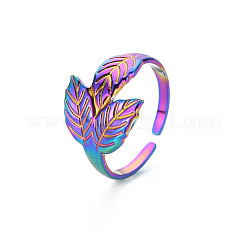 Bague manchette en forme de feuille en acier inoxydable 304 couleur arc-en-ciel&nbsp;RJEW-N038-041M
