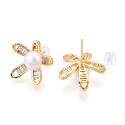 Pendientes de botón con perlas naturales de latón y flores&nbsp;PEAR-N020-05X