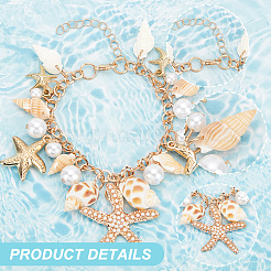 3 Stück natürliche Muschelschale & Seestern aus Legierung & CCB-Kunststoffperlen-Charm-Armband&nbsp;BJEW-PH0004-35
