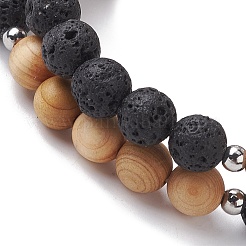 Bracelet extensible en pierre de lave naturelle et perles rondes en bois&nbsp;BJEW-JB10075-02