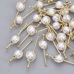 Pendentifs en plastique imitation perle ABS, avec accessoires en laiton plaqué 18k or véritable, sans nickel, blanc, 36x10x8mm, Trou: 1.5mm