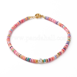 Colliers de perles heishi en argile polymère, avec perles rondes perles de verre, perles d'espacement en laiton et fermoirs à ressort, colorées, 17-7/8 pouce (45.5 cm)