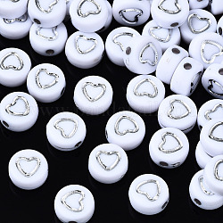 Perles acryliques blanches opaques, plat rond avec coeur en argent, blanc, 7x3.5mm, Trou: 1.5mm, environ 3600~3700 pcs/500 g