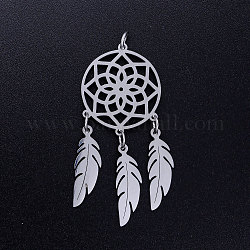 201 Stainless Steel Pendants, with Jump Rings, Woven Net/Web with Feather, Stainless Steel Color, 46x20x1mm, Hole: 3mm, Ring: 5x0.8mm