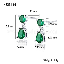 Cubic Zirconia Teardrop Dangle Stud Earrings, Platinum Rhodium Plated 925 Sterling Silver Earrings, Green, 12.8x3.93~4.7mm
