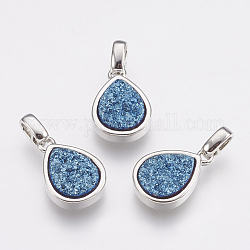 Druzy naturale agata ciondoli, con accessori in ottone, lacrima, platino, blu royal, 14.5x10x3~4mm, Foro: 2x2.5 mm