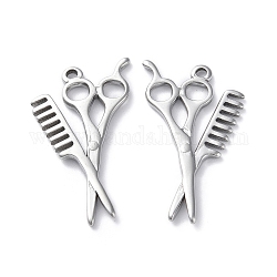 304 Stainless Steel Pendants, Scissors with Comb Charm, Stainless Steel Color, 33.5x19x2mm, Hole: 1.6mm