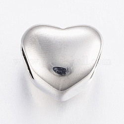 Perles européennes en 304 acier inoxydable, Perles avec un grand trou   , cœur, couleur inoxydable, 10x11x8mm, Trou: 5mm